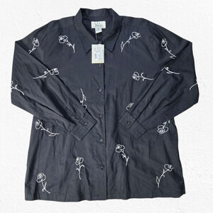 Y2K Vintage Black Floral Embroidered Button Down Shirt Cotton Deadstock Size 16W